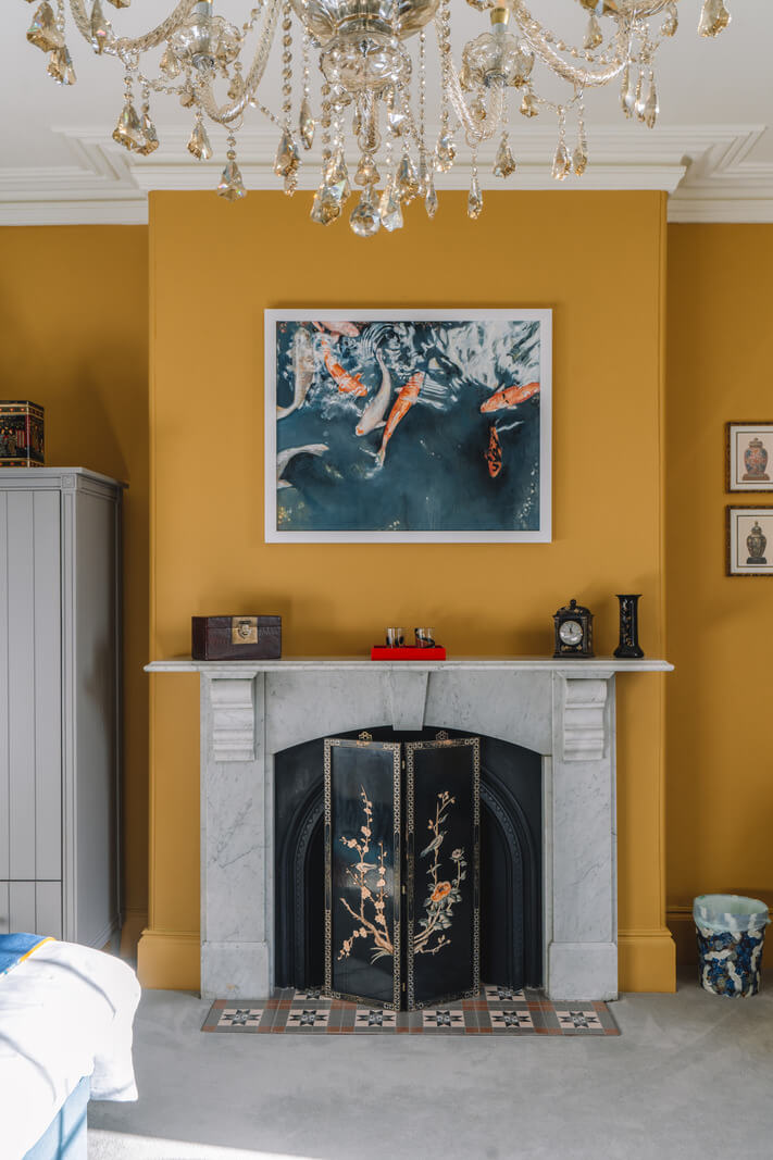 Colorful Rooms in a Regency Manor House in Yorkshire 13 marble fireplace yellow bedroom
