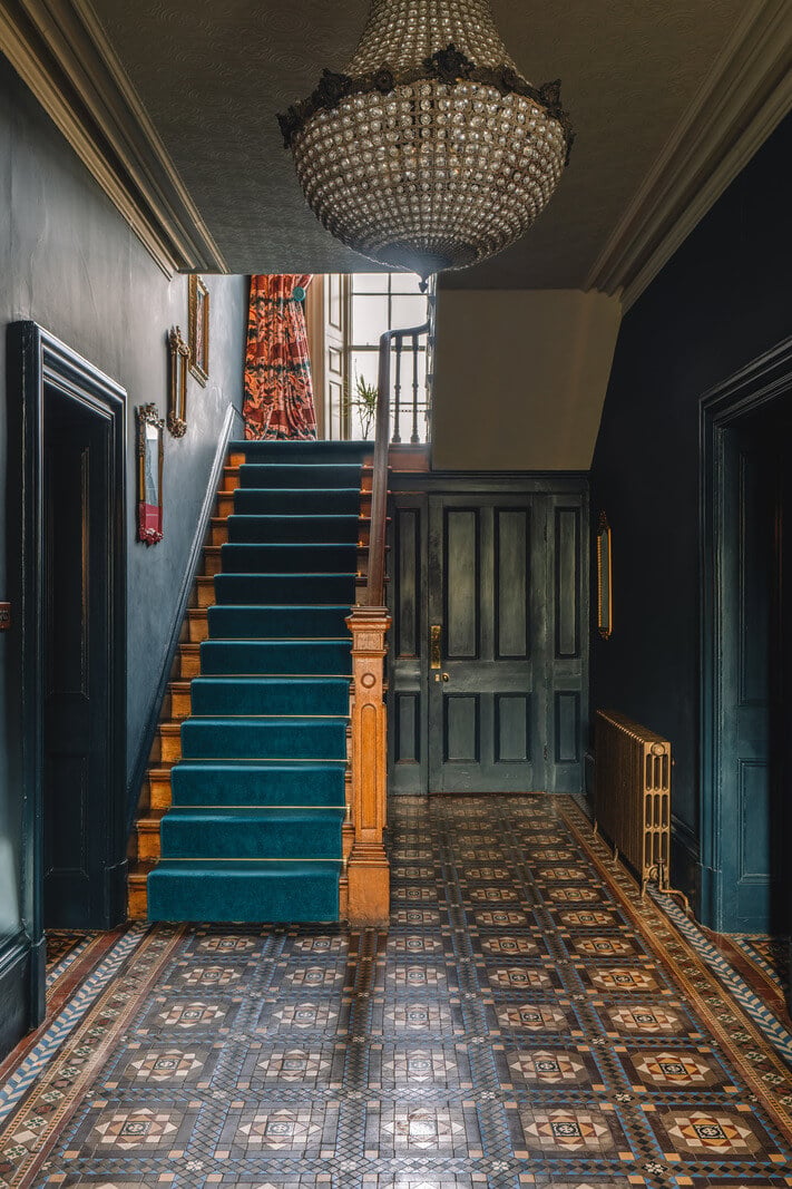 Colorful Rooms in a Regency Manor House in Yorkshire 7 moody colored hall beautiful floor tiles