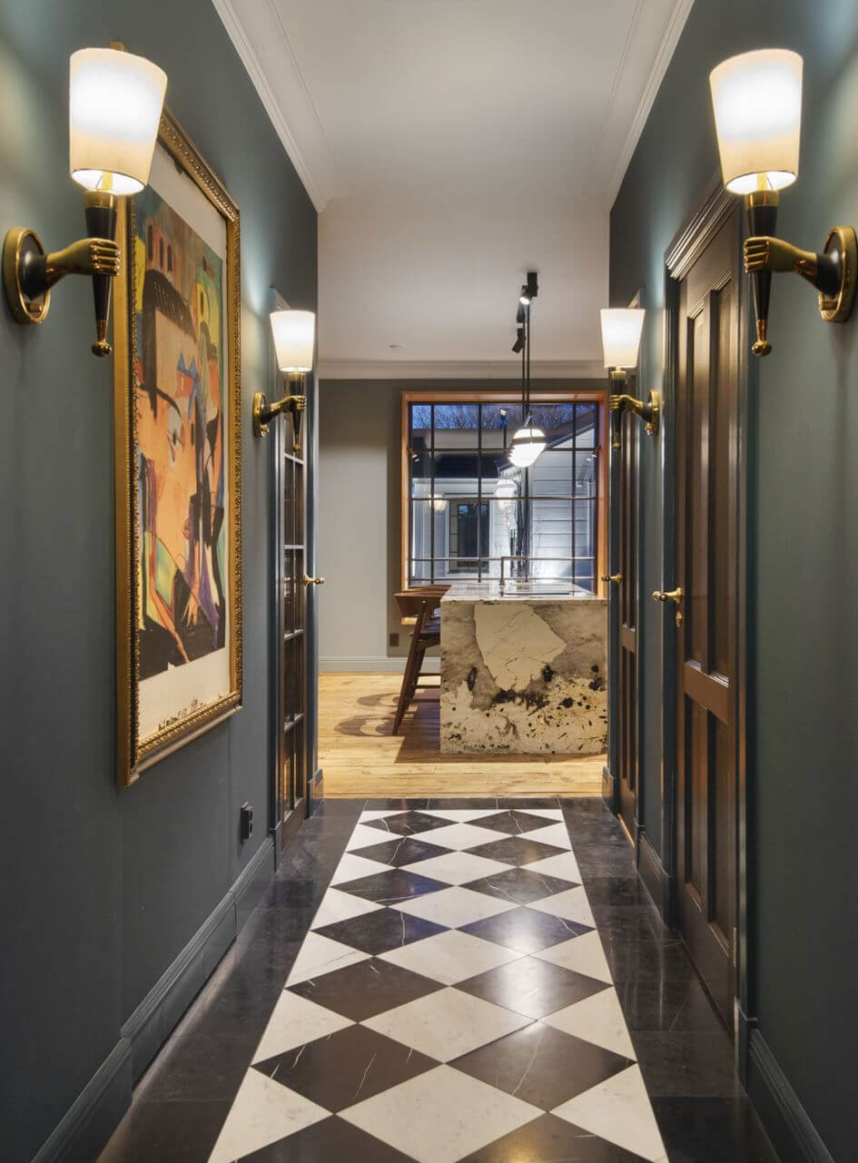 English Manor Style Interiors in a New Swedish Home with Lake Views 15 moody hall checkerboard floor