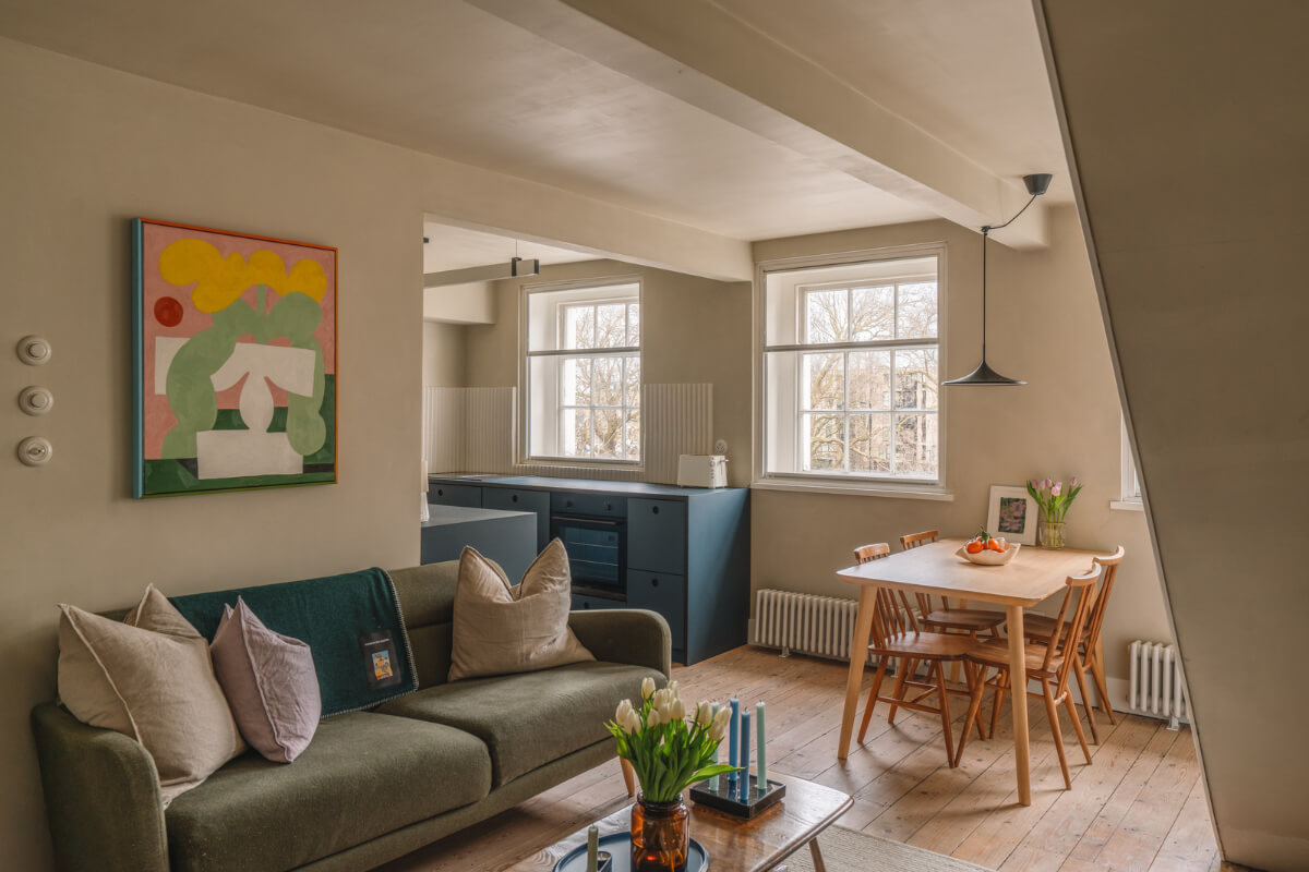 Contemporary Interiors in a Georgian Duplex Apartment in London 1 open plan living room plaster walls wooden floor