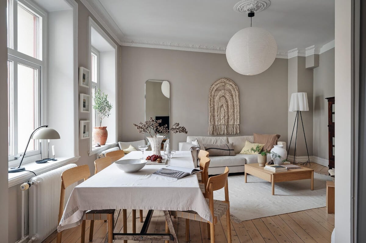 A Gothenburg Apartment with a Small Dark Green Bedroom 6 open plan living room wooden floor stucco