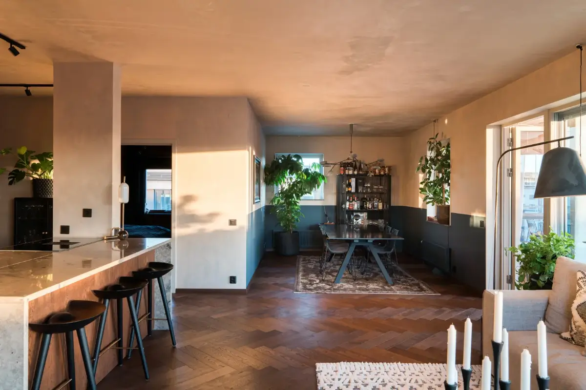 A Top Floor Swedish Apartment with a Huge Balcony 8 open plan living space two tone walls