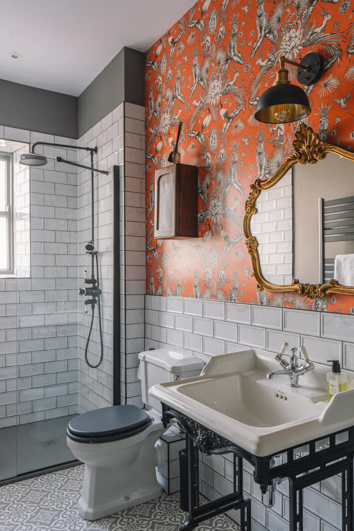 50 Bathroom Wallpaper Ideas Adding Color, Style, and Expression 58 orange wallpaper gray walls bathroom