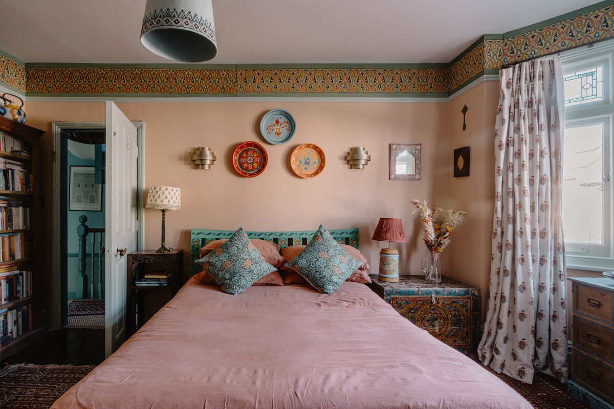 Moroccan-Inspired Designs in a Unique Artist Family Home in London 23 pink bedroom bay window