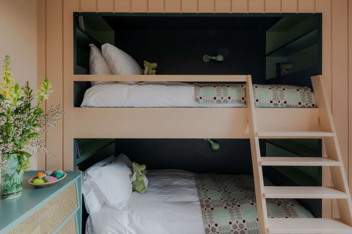 A Japanese-Inspired Timber Home with Views of a Lush Valley 19 pink built-in bunk beds