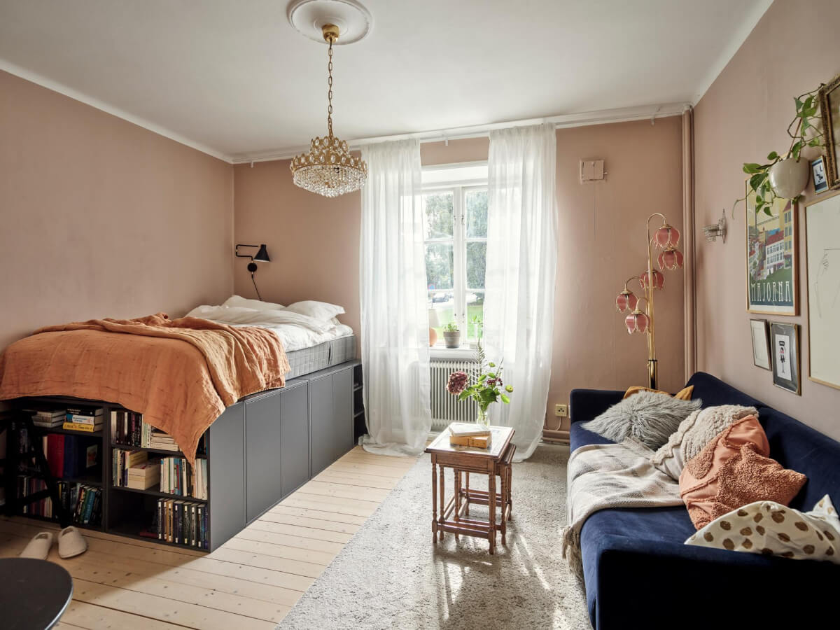 A Pink Ground Floor Studio Apartment with a Large Kitchen 1 pink studio apartment raised storage bed