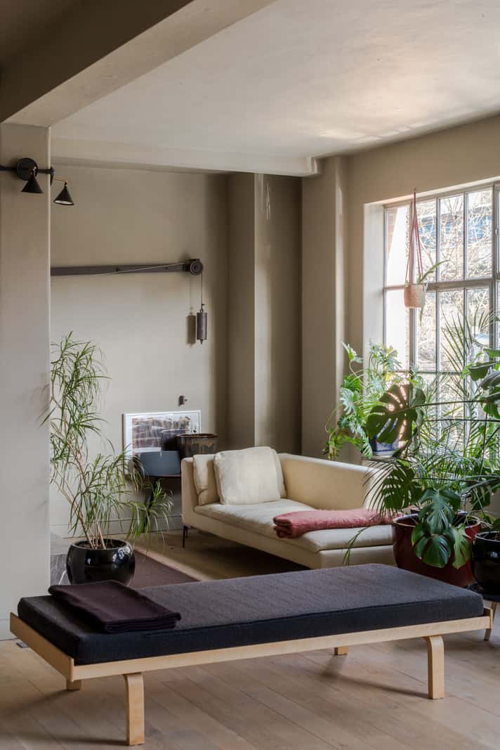 plant-filled sitting area