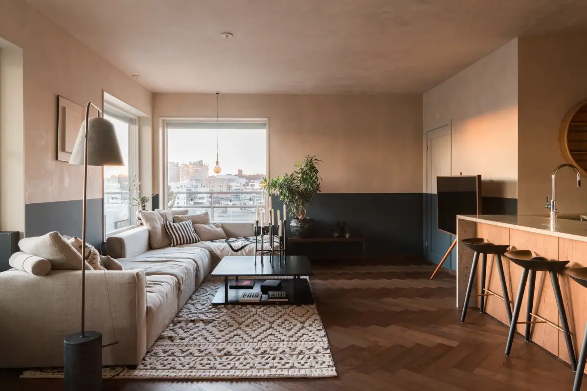 A Top Floor Swedish Apartment with a Huge Balcony 3 plaster walls ceiling living room