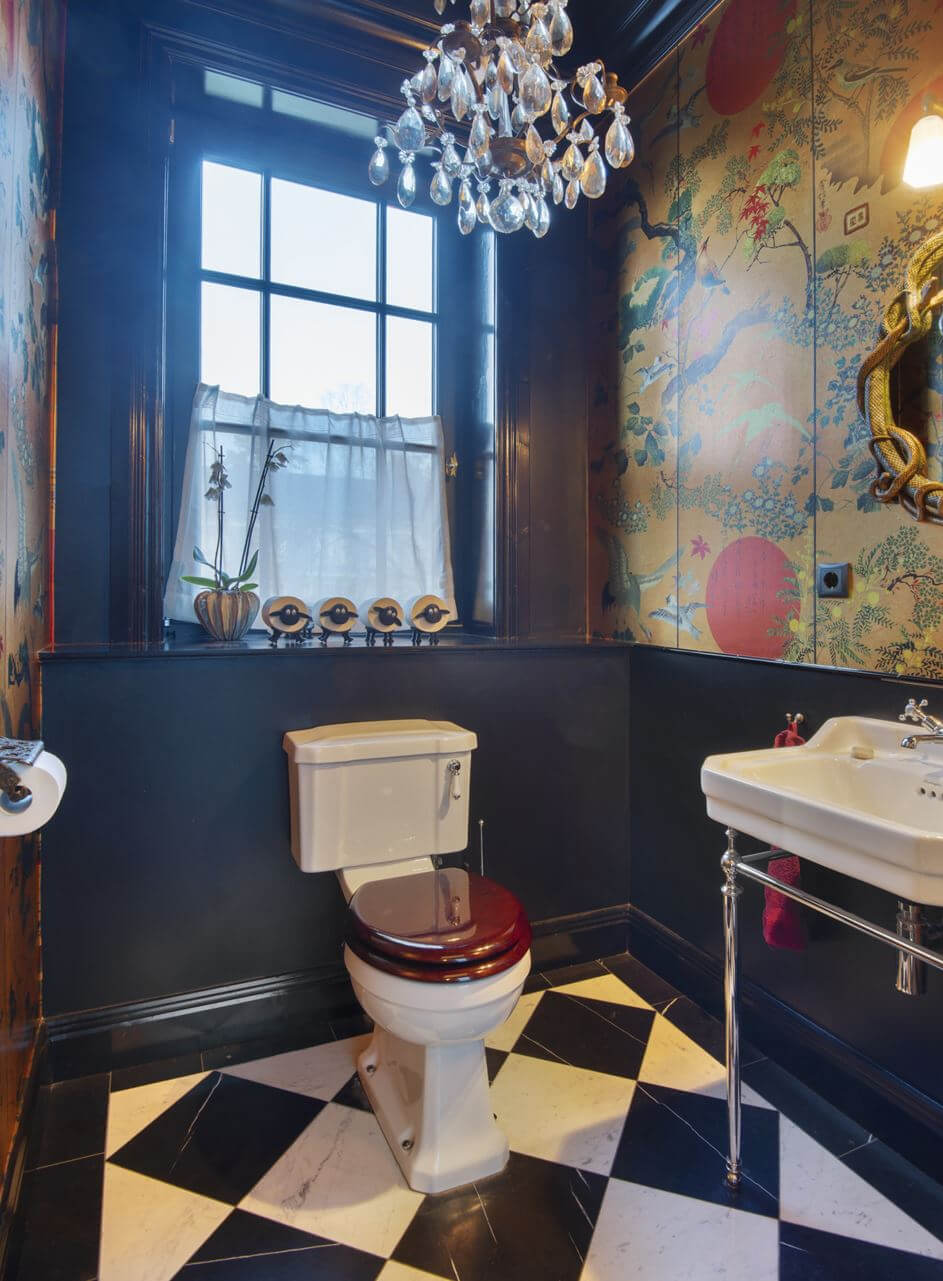 English Manor Style Interiors in a New Swedish Home with Lake Views 18 powder room checkerboard floor wall mural