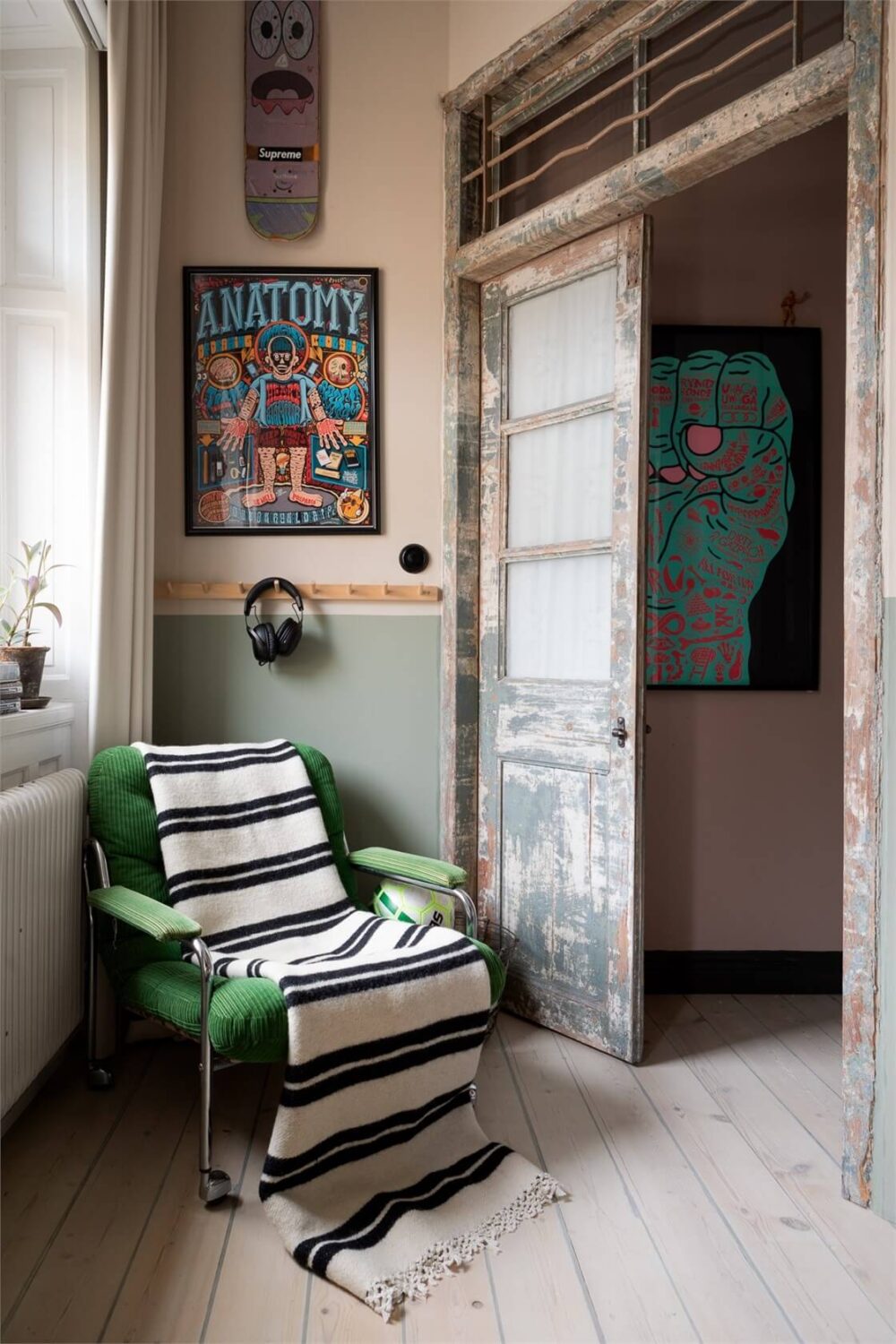A Colorful Family Attic Apartment in Stockholm 42 sitting nook rustic wooden doors