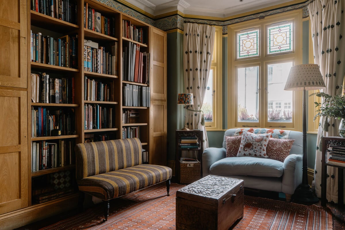 Moroccan-Inspired Designs in a Unique Artist Family Home in London 3 sitting room bookcases