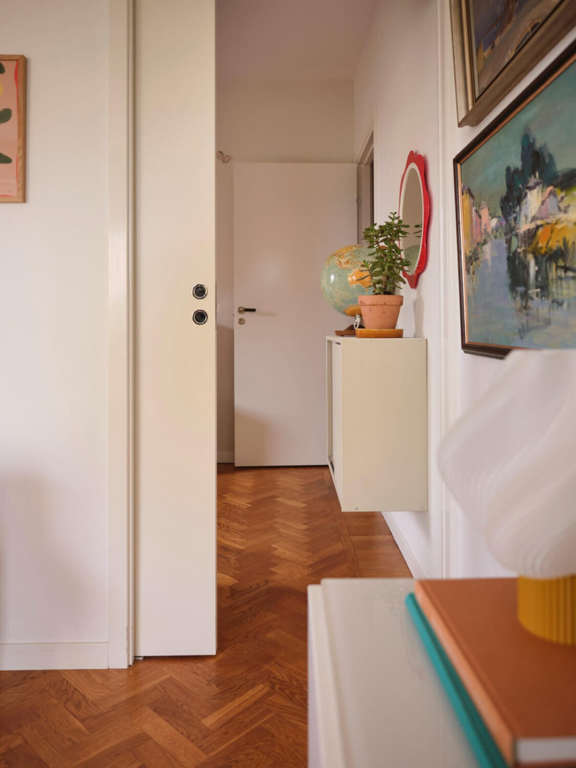 A Light Corner Apartment with Yellow Color Accents 8 sliding door hall