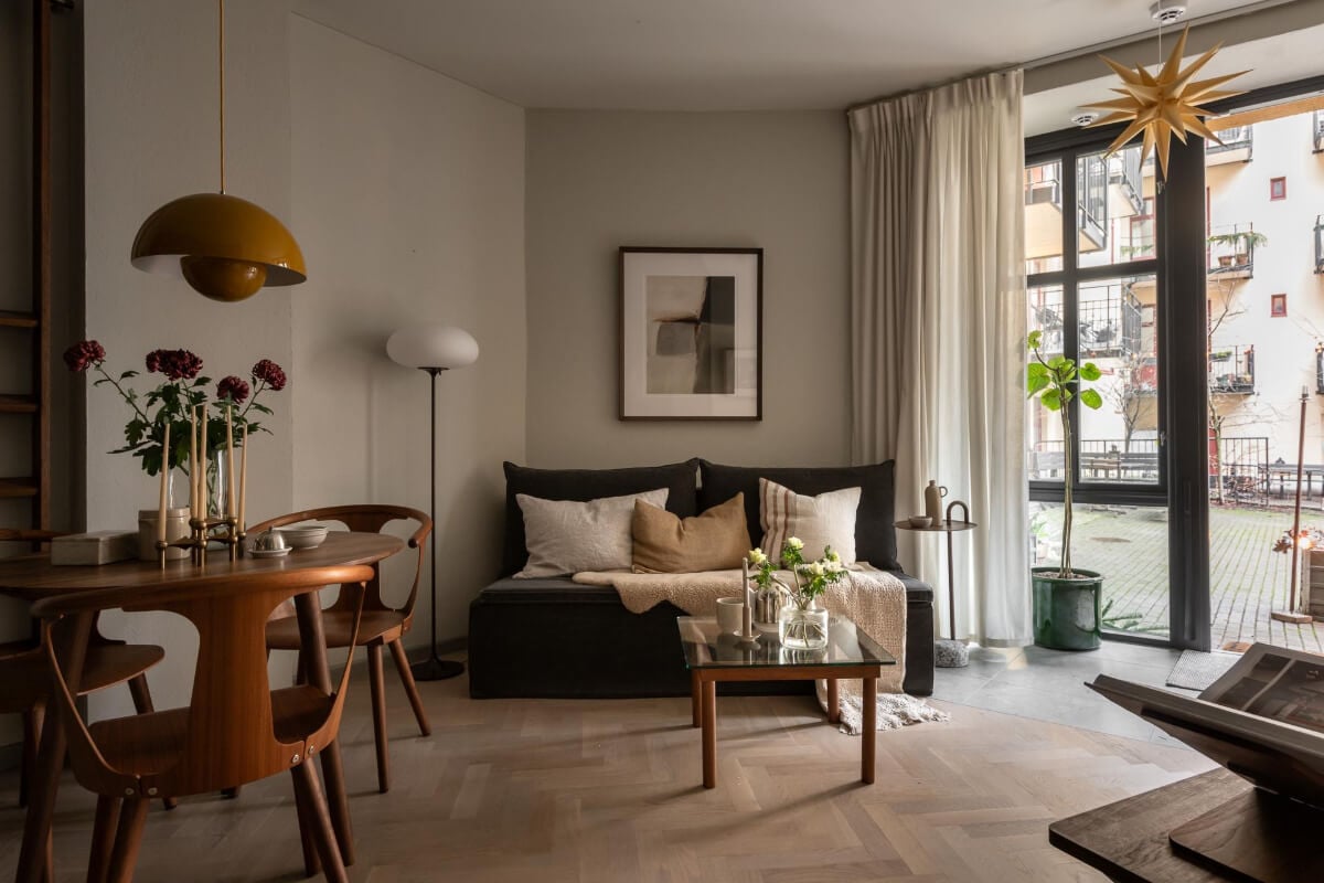 A Small Ground Floor Apartment Decorated in Gray Tones 2 small angled living room herringbone floor