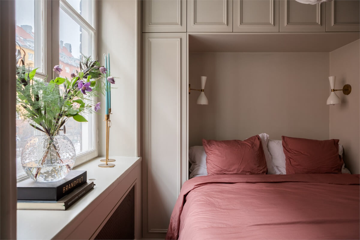 A Small Stockholm Apartment with a Blue Shaker Kitchen 19 small beige bedroom wardrobes around bed