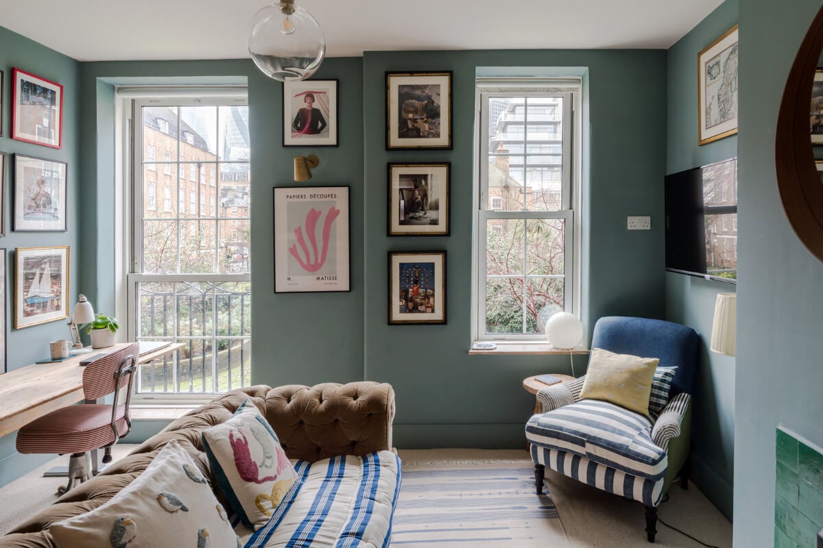 A Calm & Stylish Color Palette in a Small London Apartment 3 small blue-gray living room wooden desk