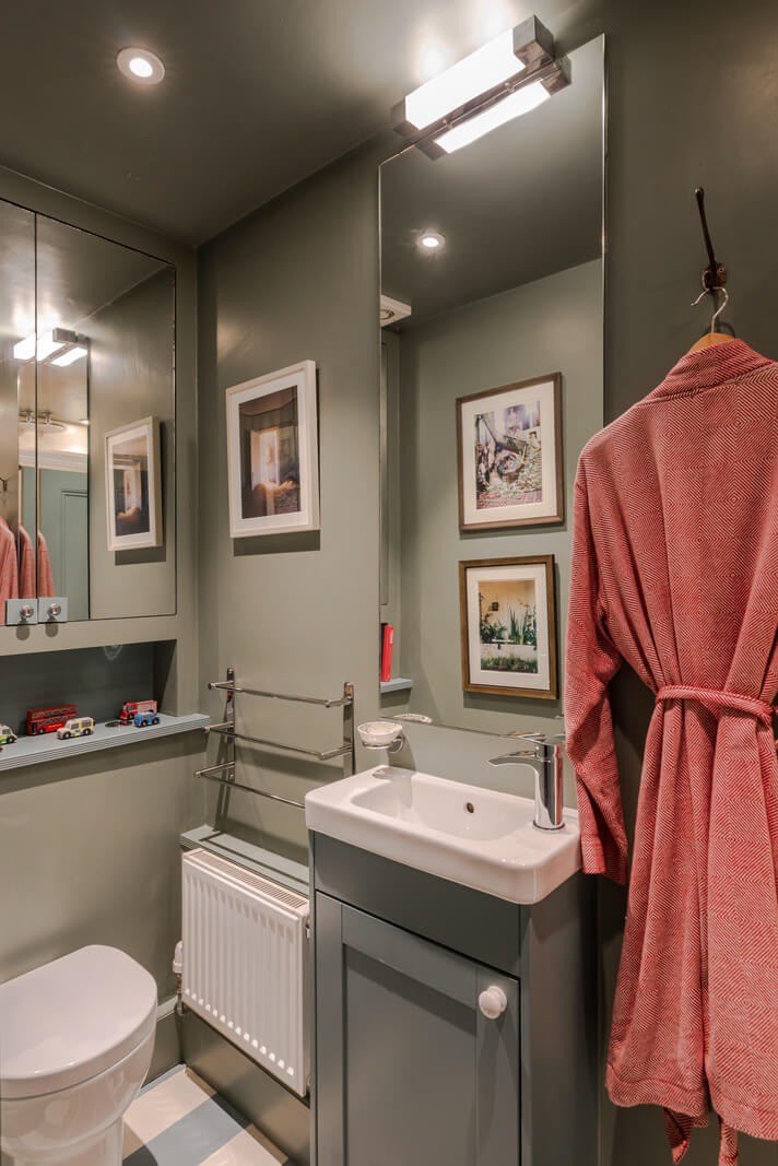 A Calm & Stylish Color Palette in a Small London Apartment 15 small gray bathroom