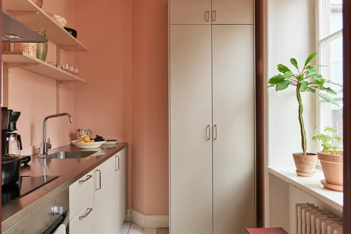 A Colorful Studio Apartment in Stockholm 9 small kitchen pink walls A Colorful Studio Apartment in Stockholm