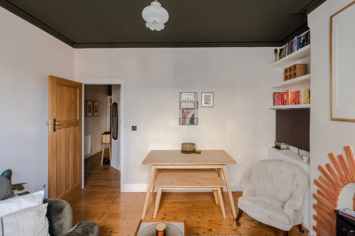 Contemporary Design in a Victorian Ground Floor Apartment 3 small living room wooden floor dark green ceiling