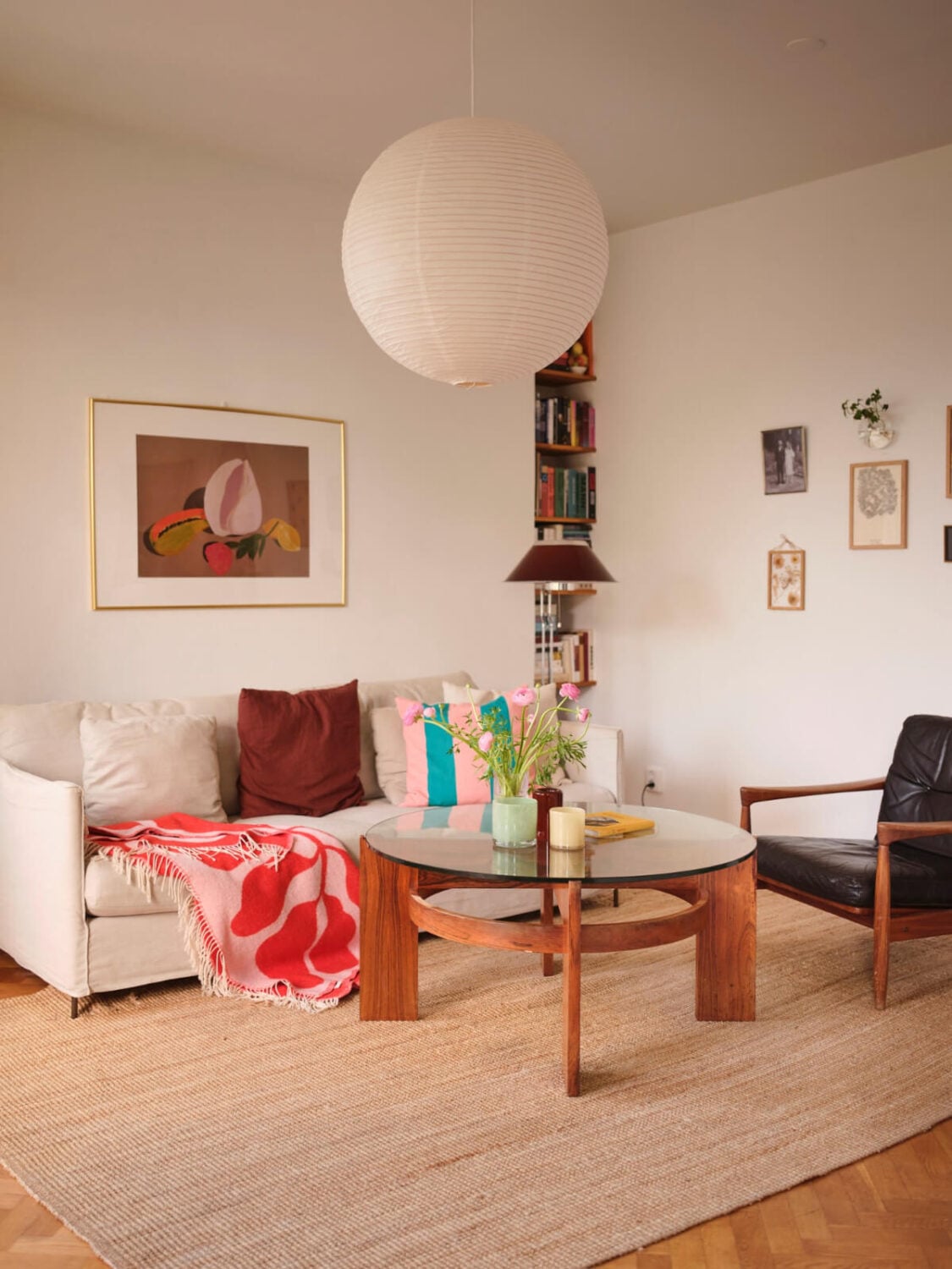 A Light Corner Apartment with Yellow Color Accents 2 small niche bookshelves living room