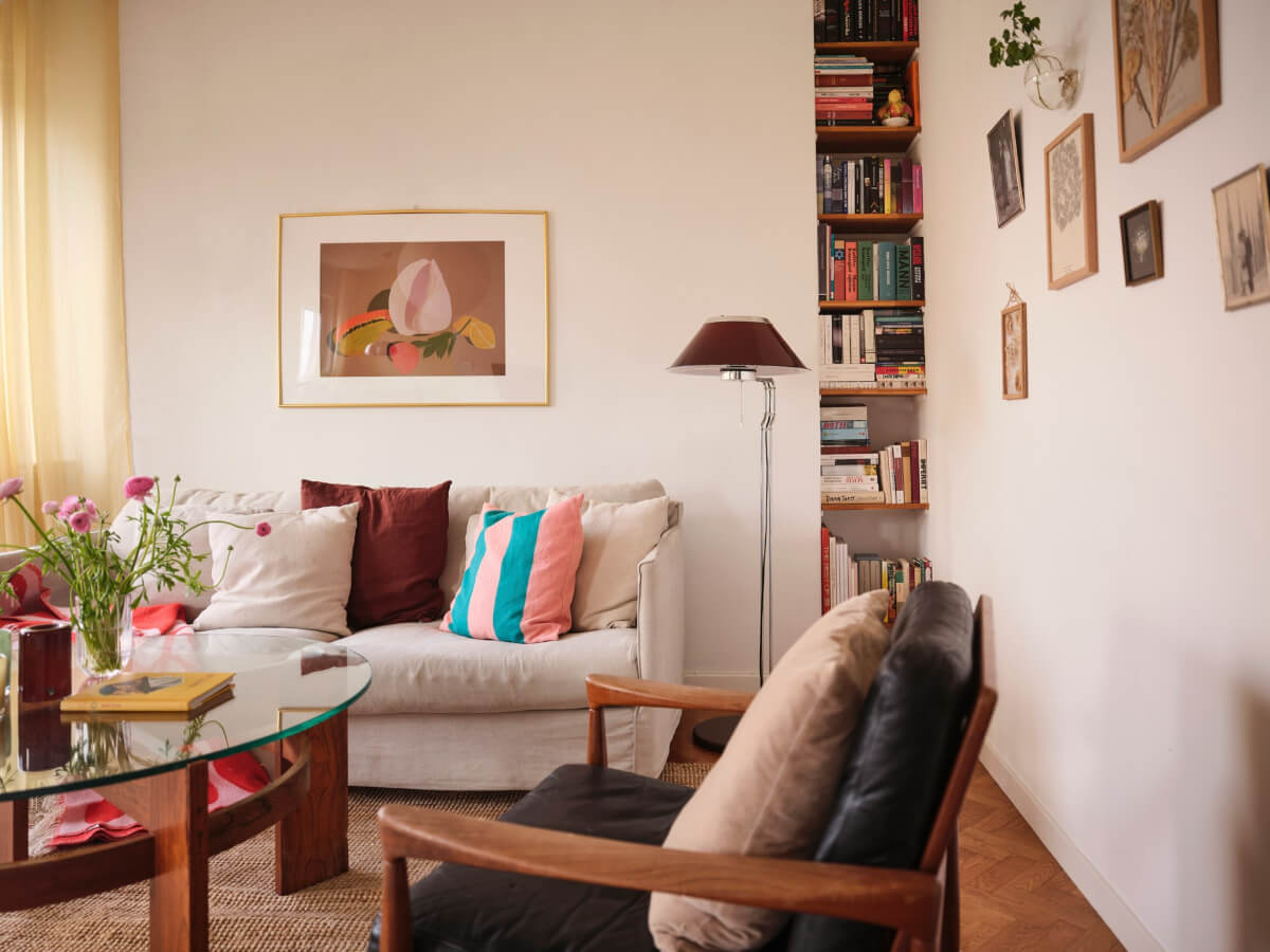 A Light Corner Apartment with Yellow Color Accents 3 small niche bookshelves