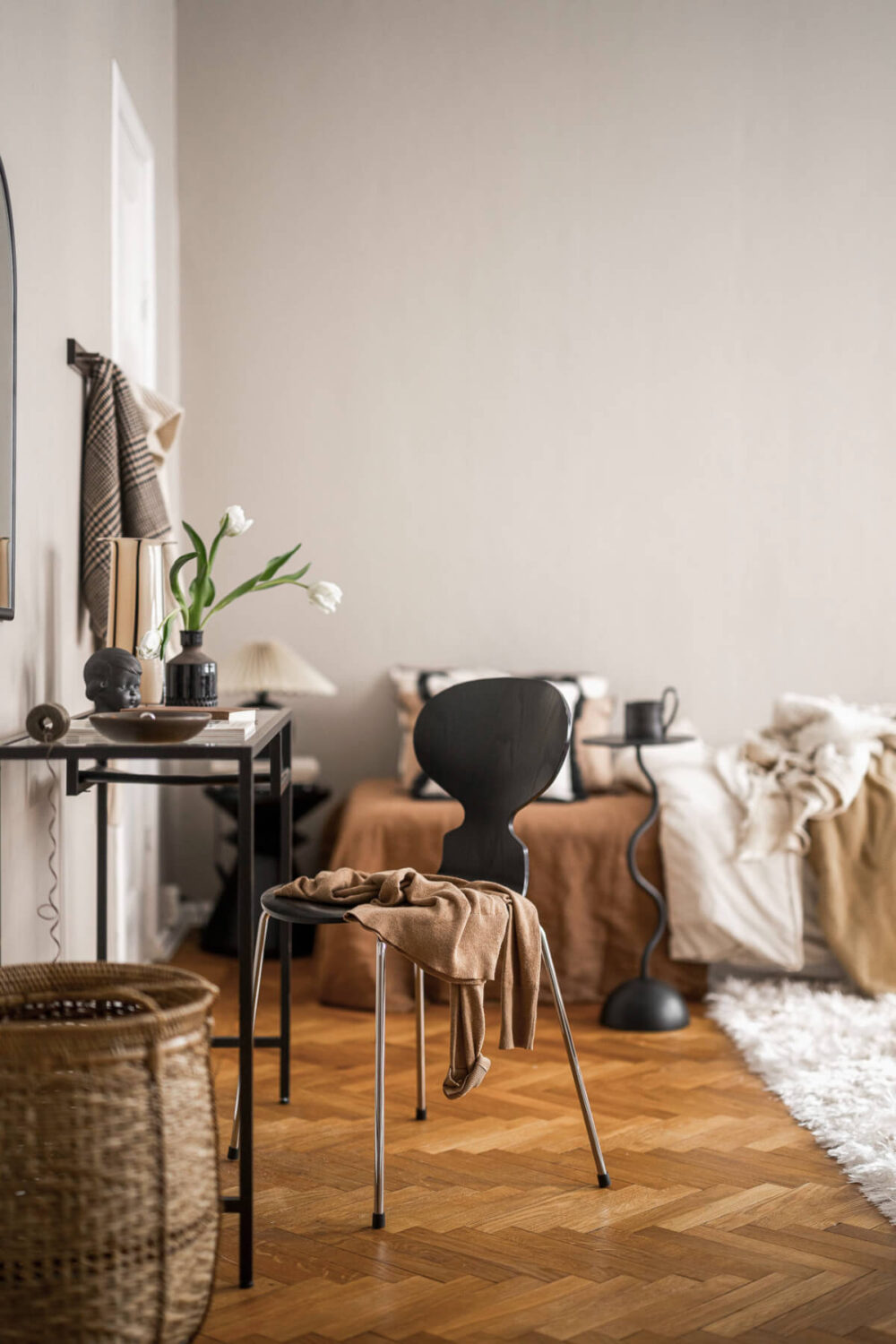 A Light Swedish Studio in an Early 20th Century Building 8 studio apartment herringbone floor