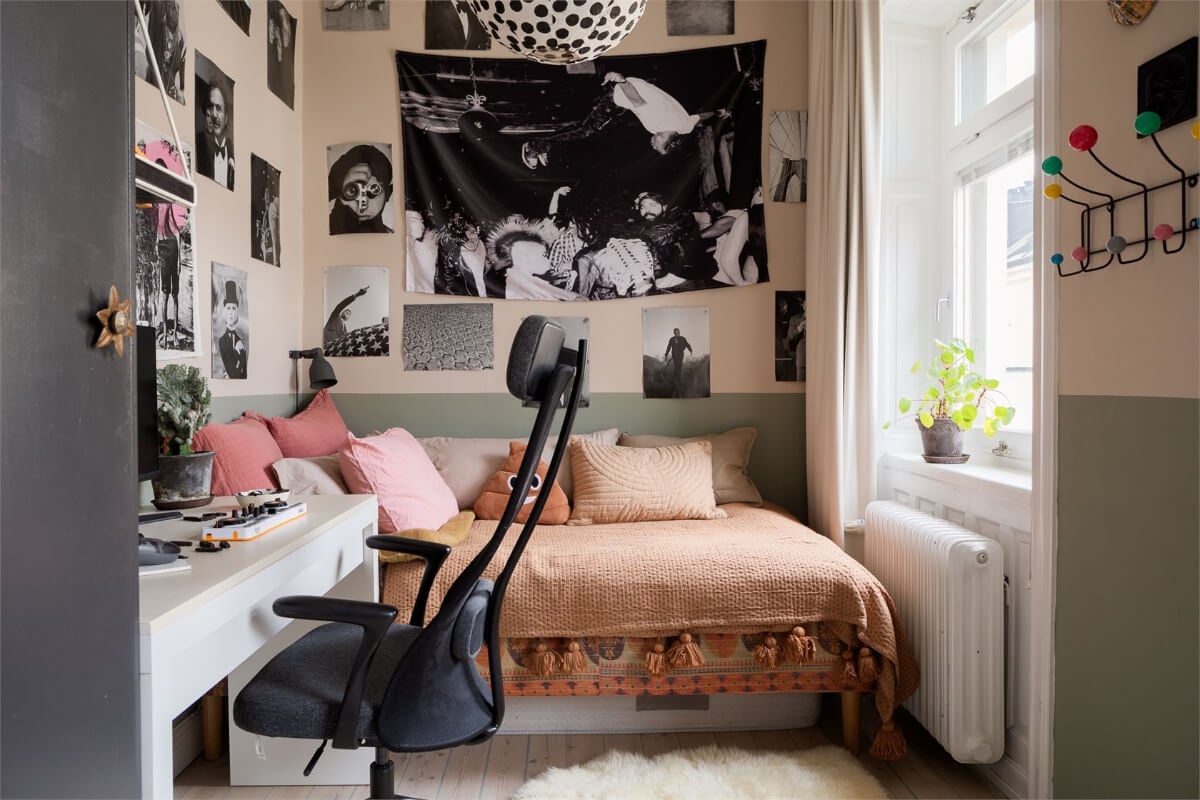 A Colorful Family Attic Apartment in Stockholm 43 teen bedroom two-tone walls desk