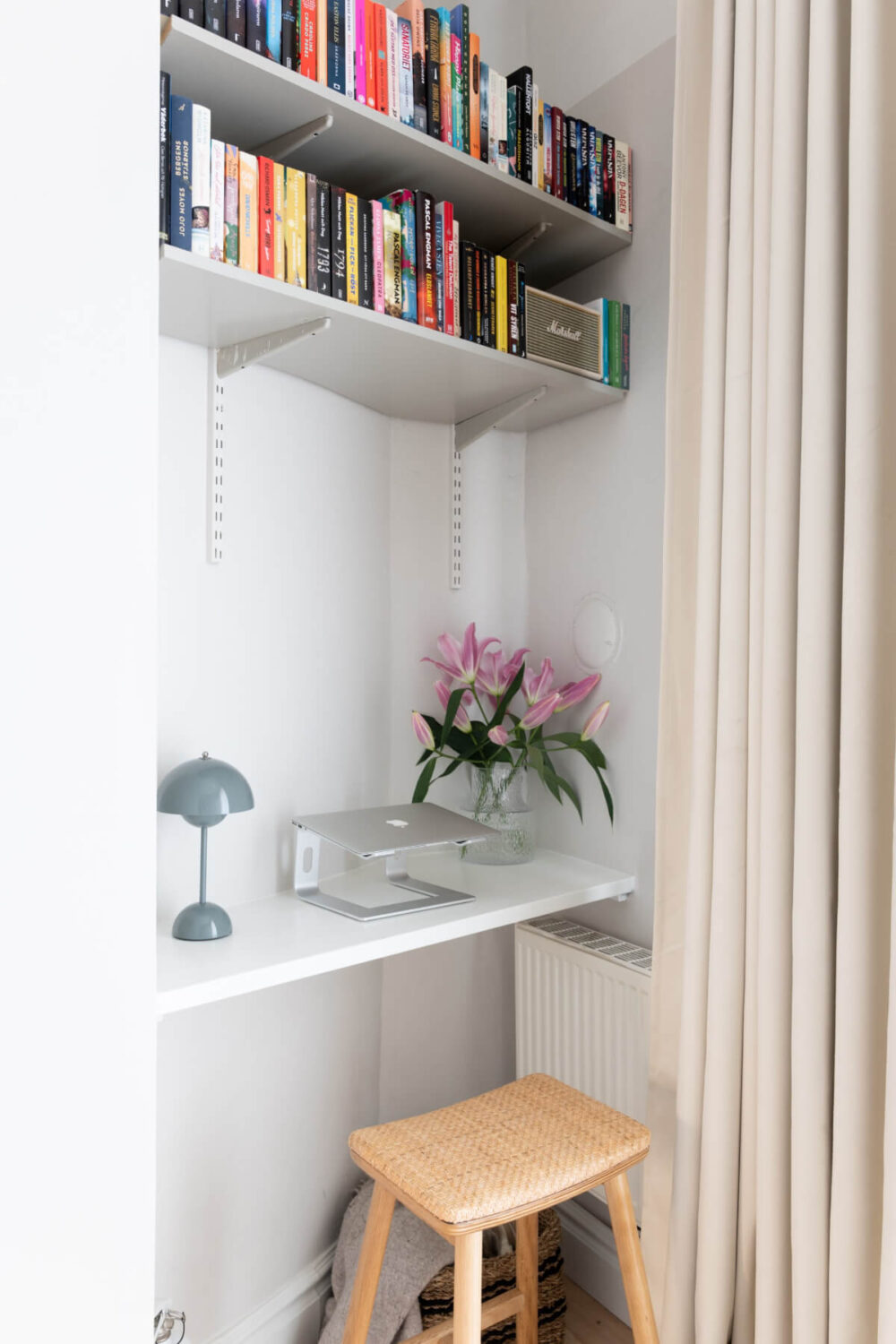 A Small Apartment Decorated in a Light Gray & White Color Palette 15 tiny home office with shelves
