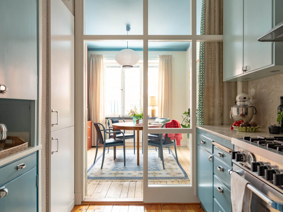vintage kitchen blue cabinets glass doors dining room