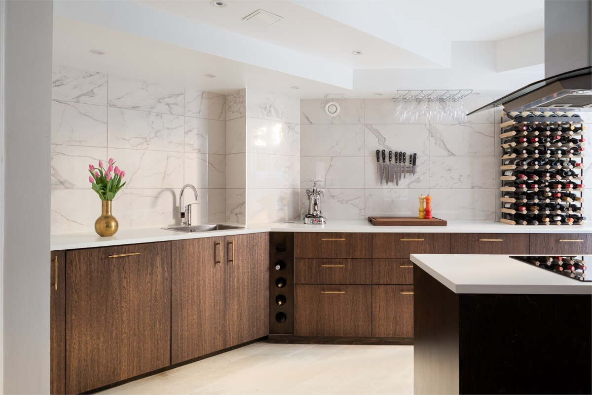 A Colorful Basement Duplex Apartment in Stockholm 11 walnut kitchen marble tiles