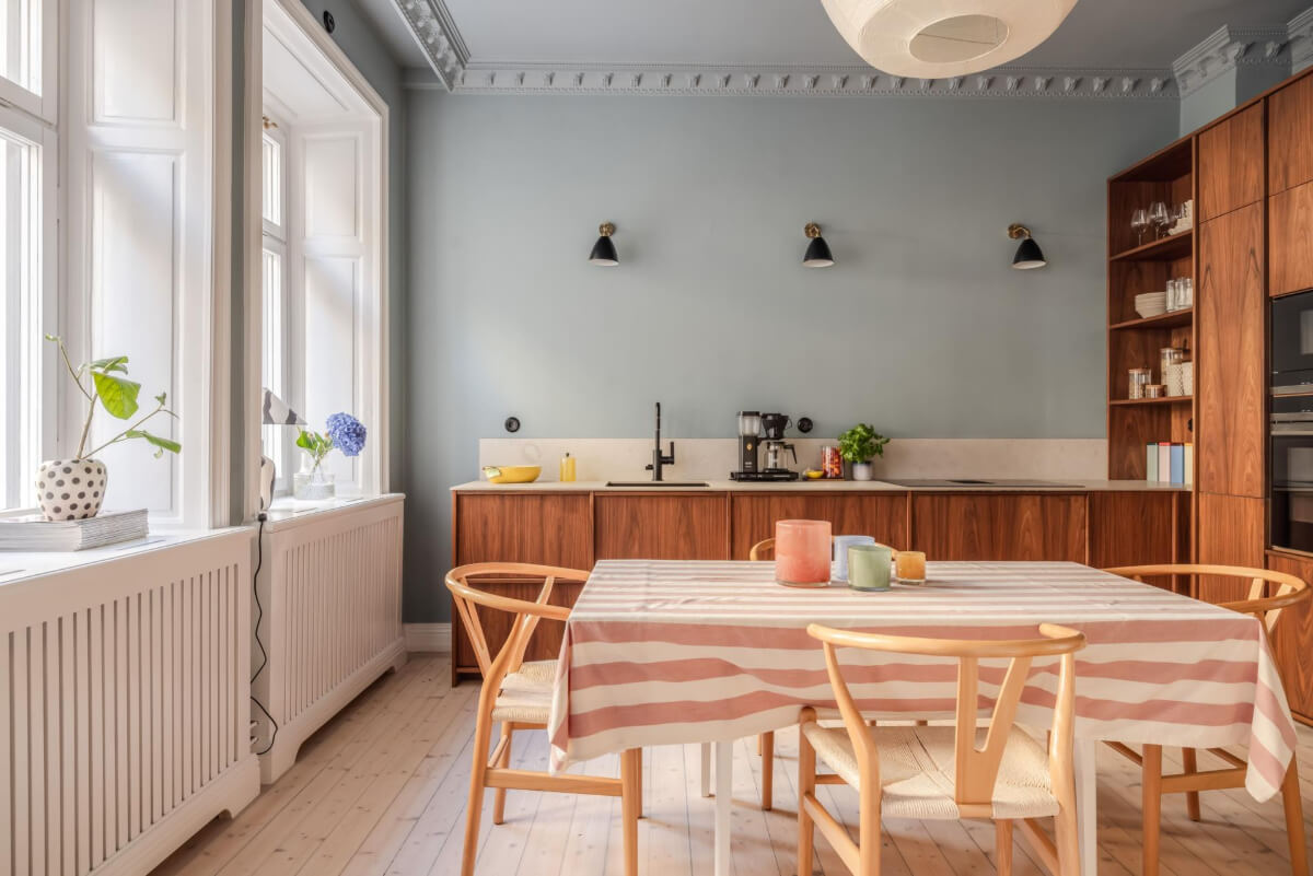 Pastel Colors and Contemporary Design in a Late 19th Century Apartment 9 walnut-kitchen-with-blue-gray-walls-and-ceiling