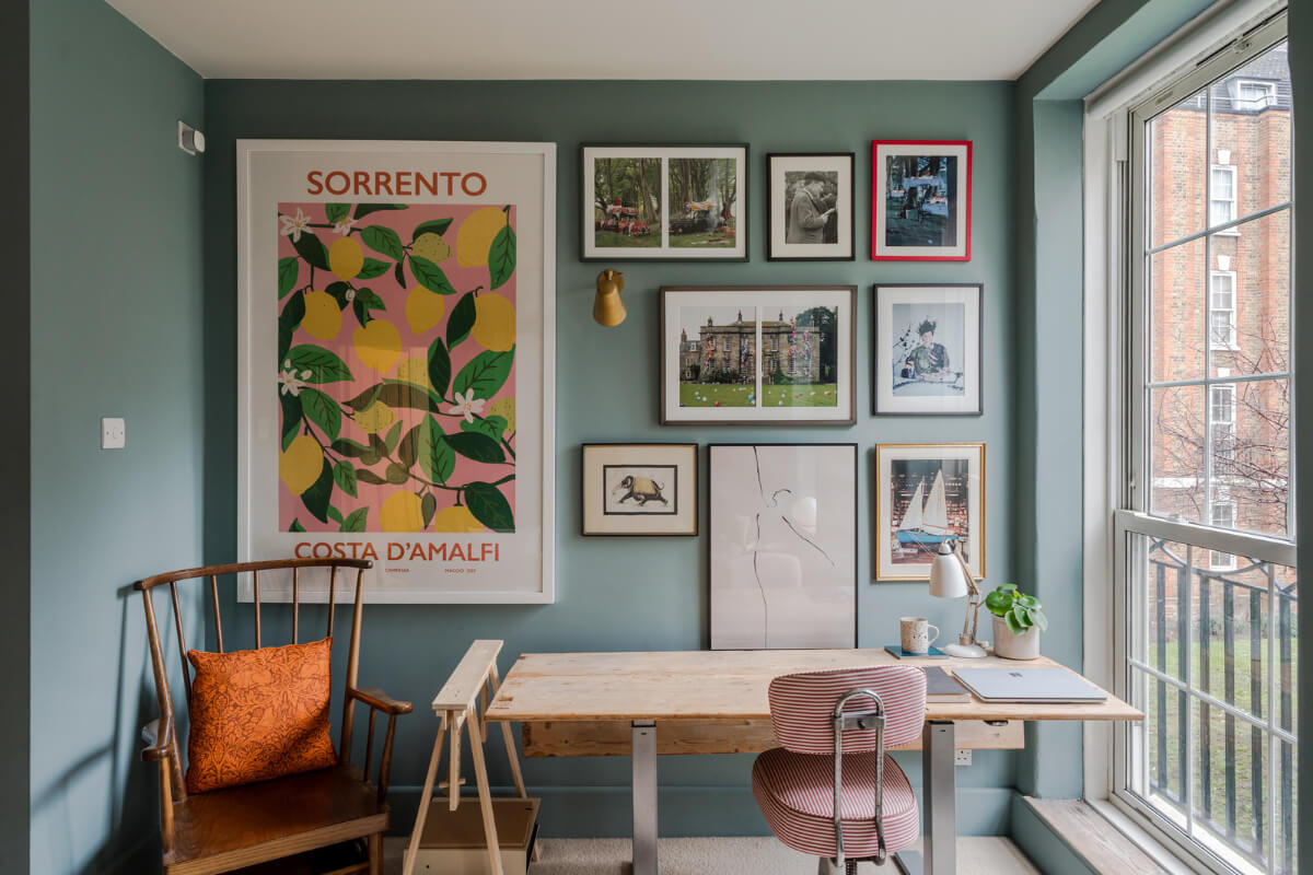 A Calm & Stylish Color Palette in a Small London Apartment 4 wooden desk gallery wall