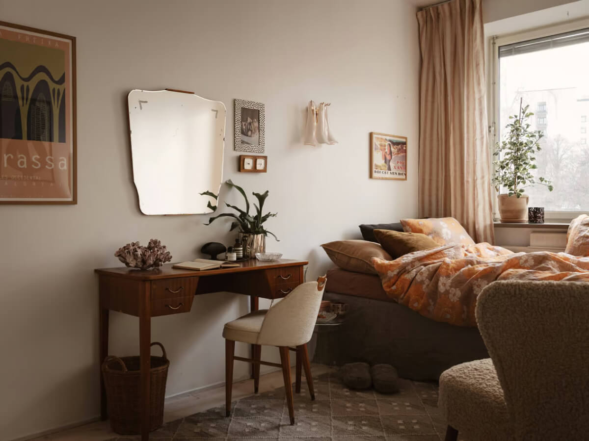 Limewash Walls in Muted Tones in a Swedish Apartment 19 bedroom vintage desk and mirror