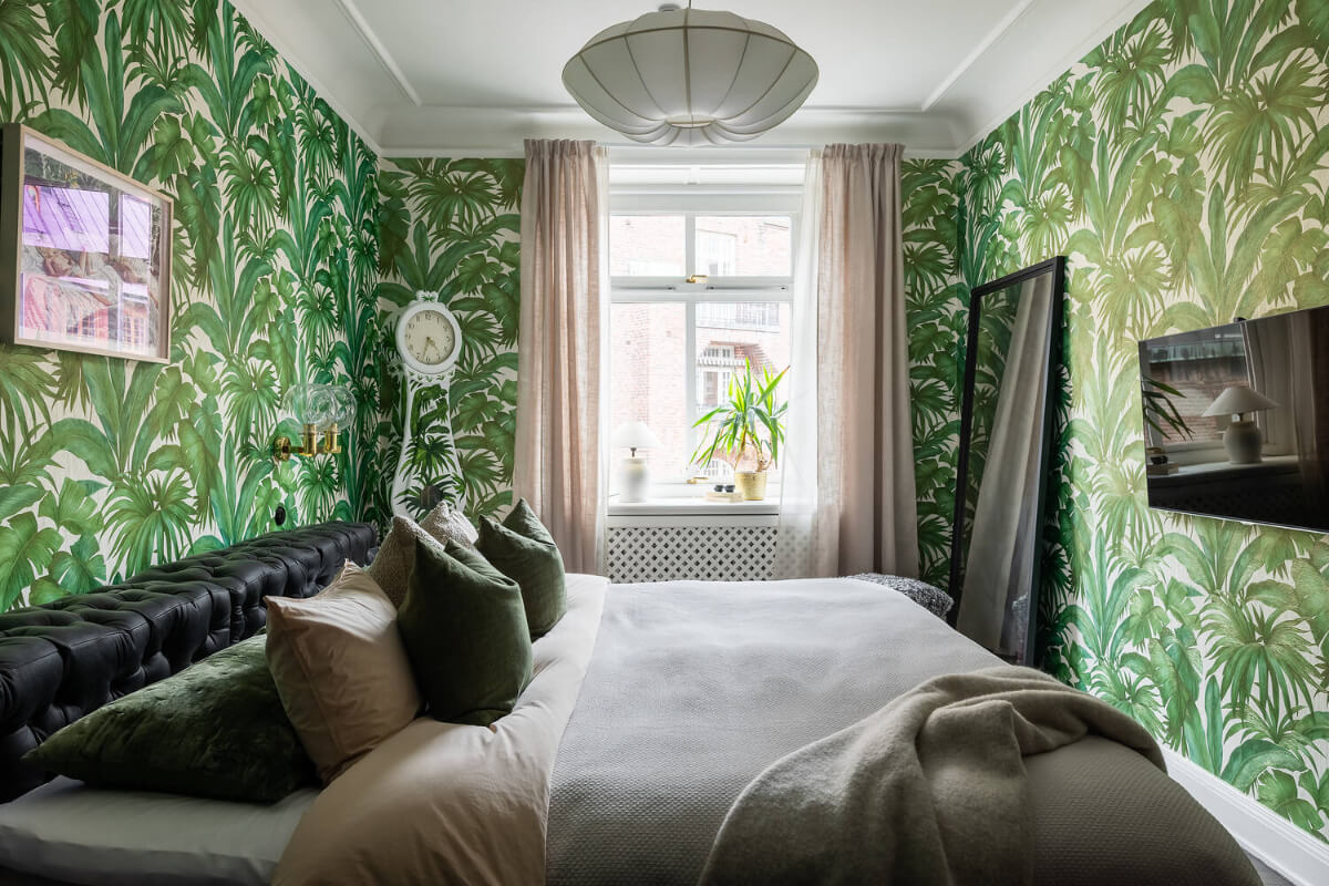 A Red Kitchen in a Grand Swedish Corner Apartment 21 bedroom wallpaper green leaves