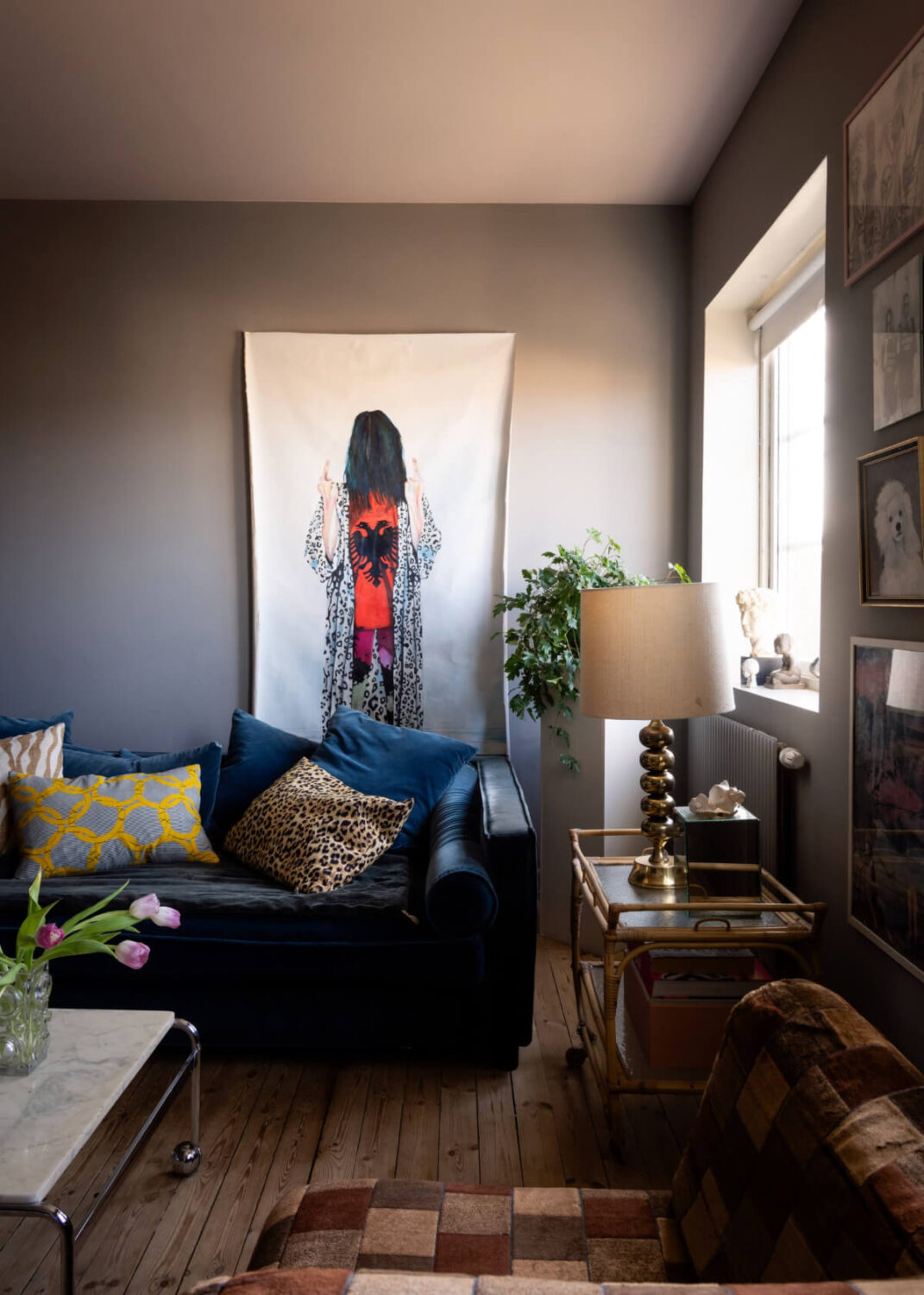 An Amazing Swedish House with Pink and Gray Rooms 23 blue velvet sofa