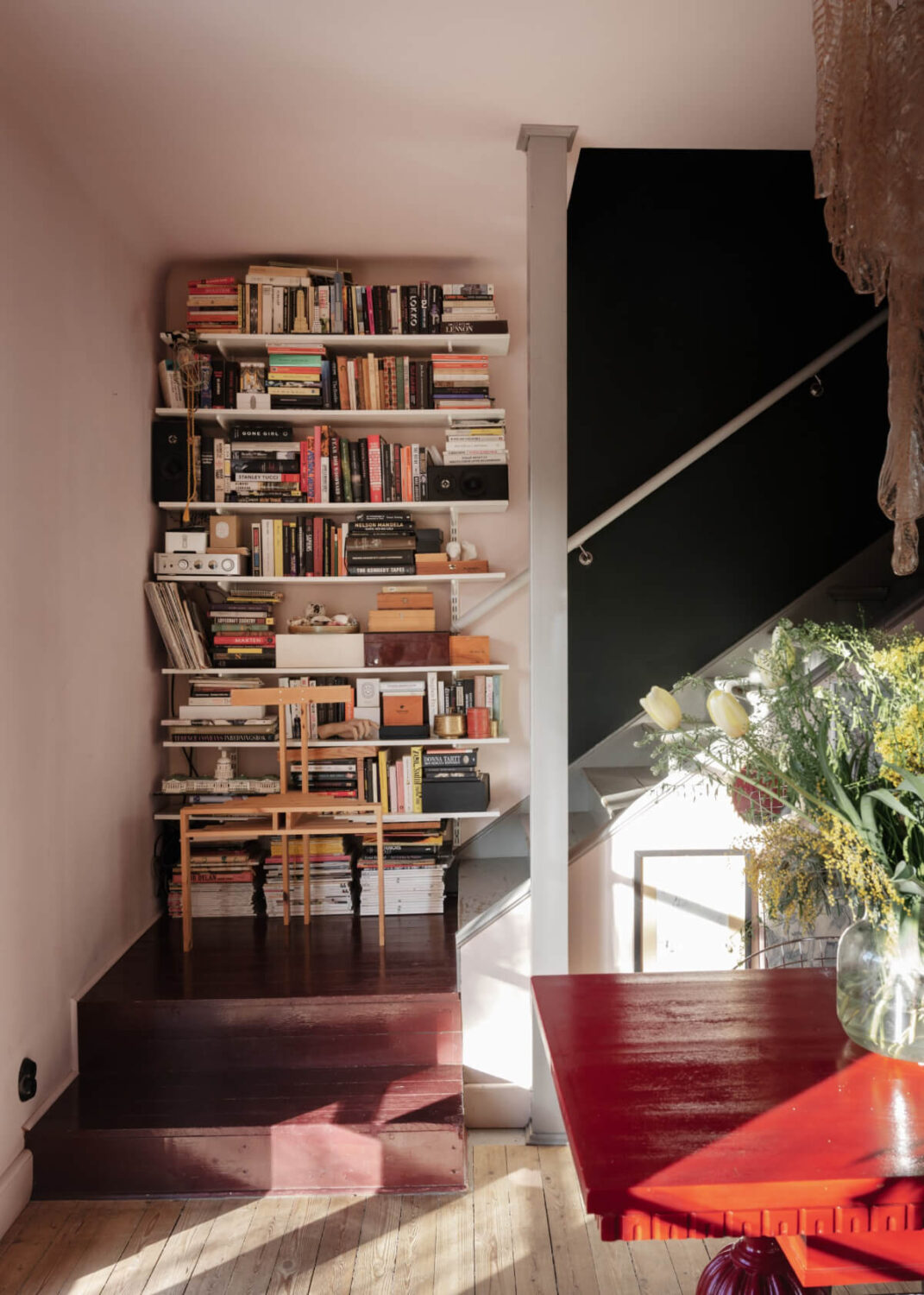 An Amazing Swedish House with Pink and Gray Rooms 16 bookshelves staircase