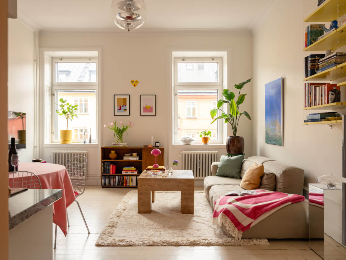 Cheerful Color Accents in a One-Bedroom Stockholm Apartment 1 bright living room colorful decor