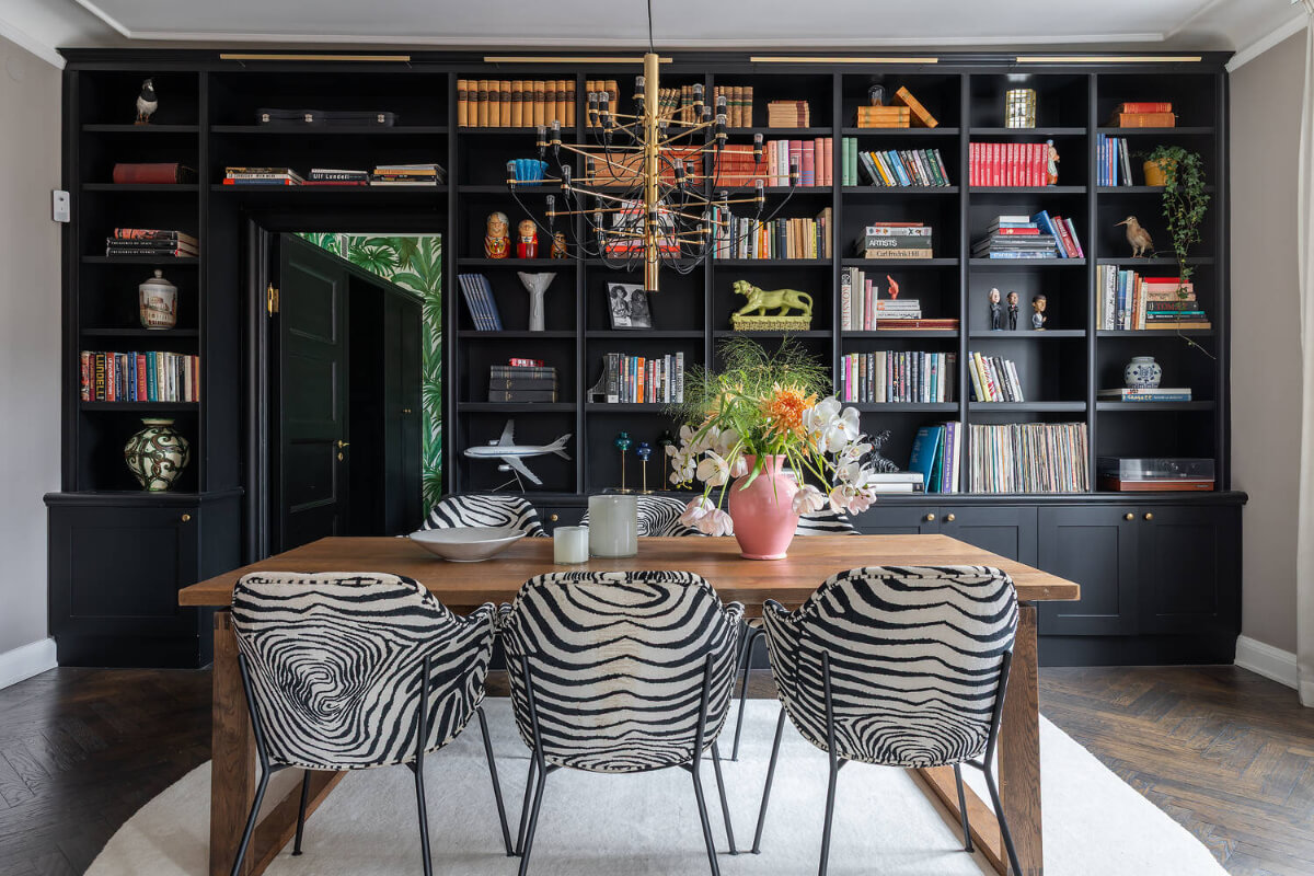 A Red Kitchen in a Grand Swedish Corner Apartment 5 built-in bookcases dining room