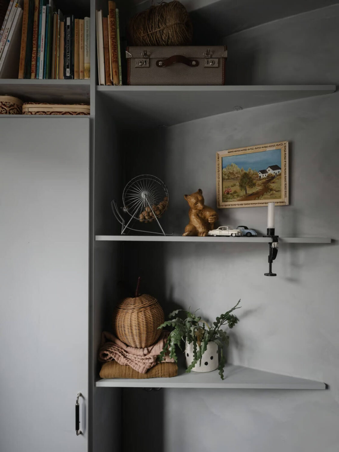 Limewash Walls in Muted Tones in a Swedish Apartment 25 built in shelves