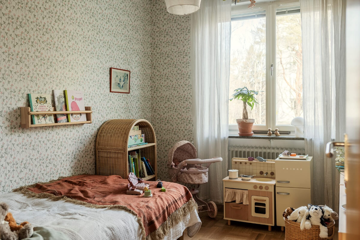 A Two-Bedroom Apartment with the Original Midcentury Kitchen 17 childrens room floral wallpaper