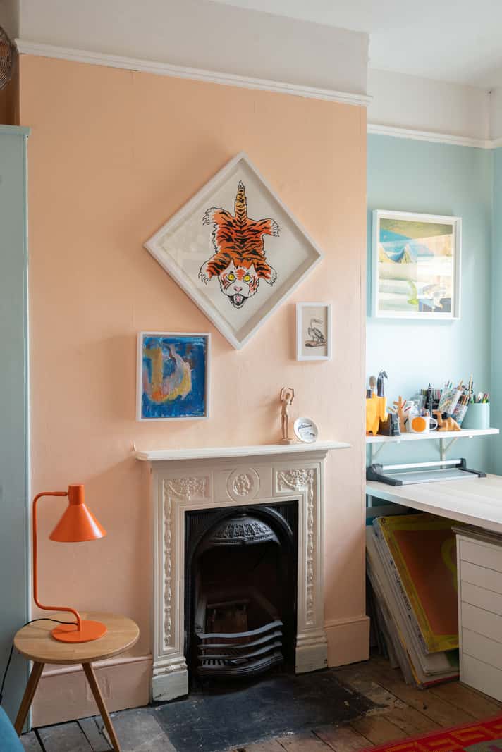 A Colorful Home with a Gold Extension in North London 21 craft room with fireplace