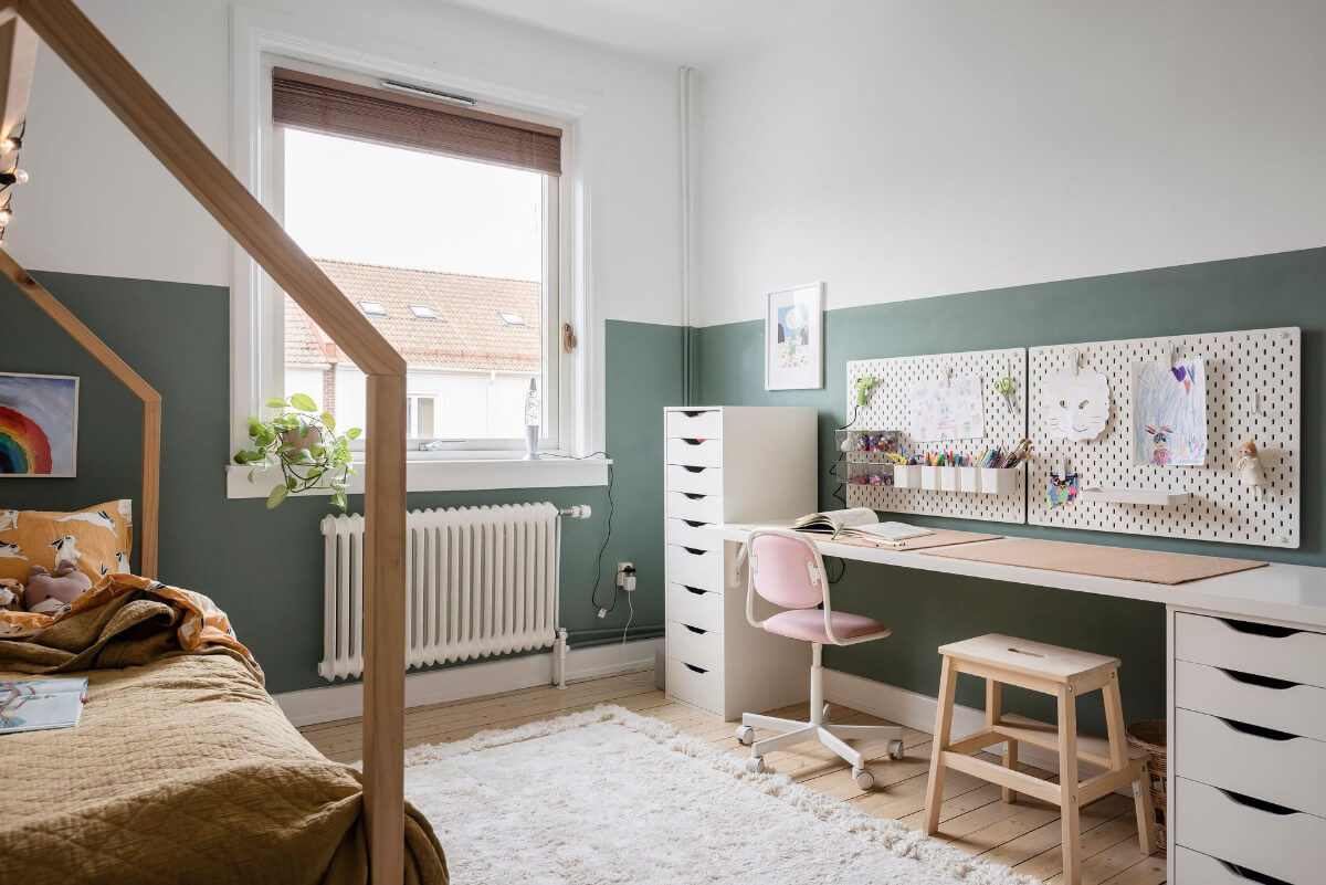 Timeless Charm and Contemporary Design in a 1930s Duplex Apartment 27 desk kids bedroom two tone walls