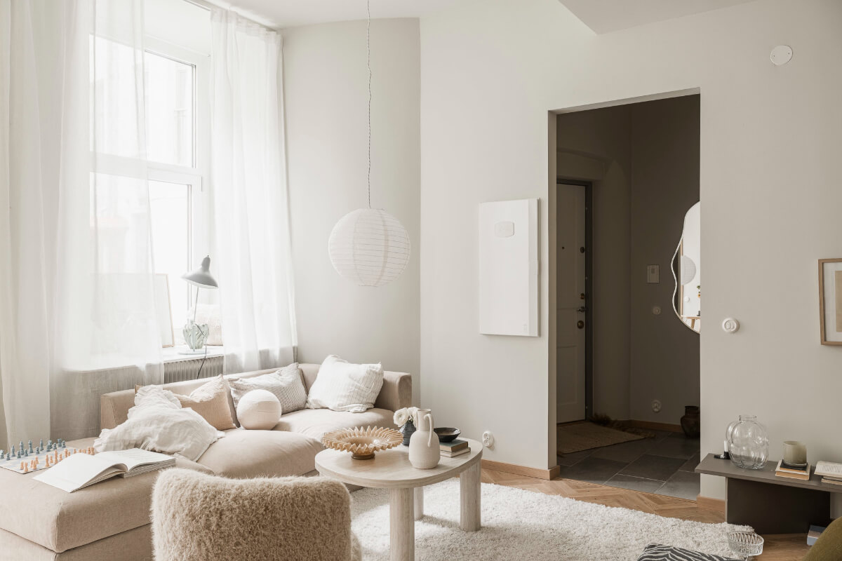 A Light-Filled Contemporary Swedish Apartment 5 gray and white living room
