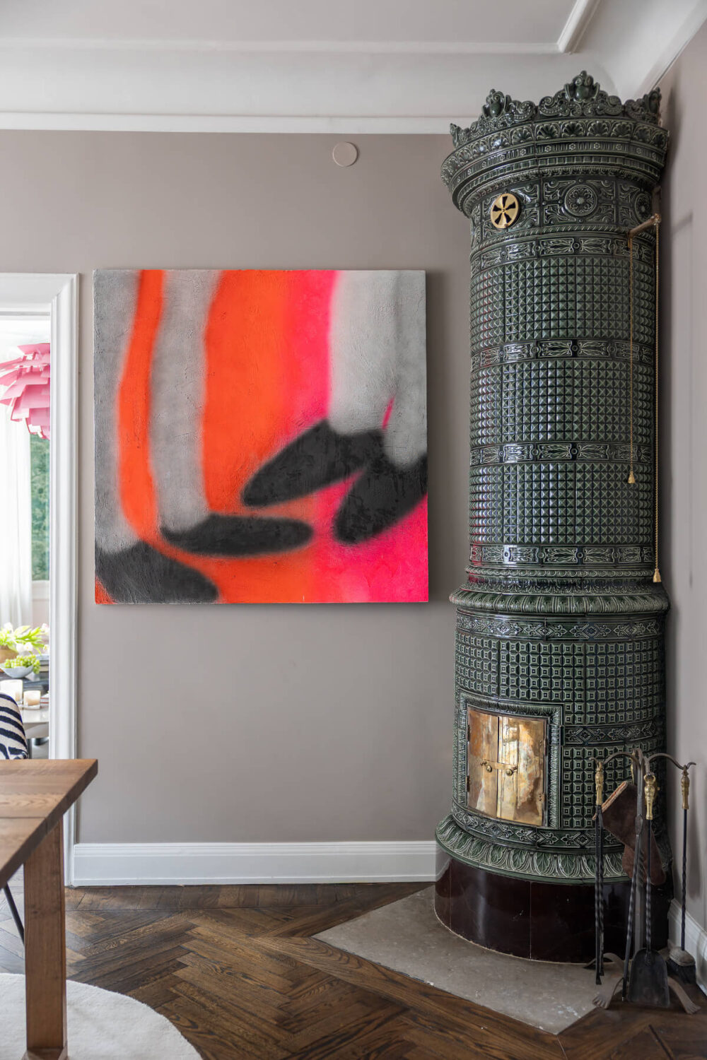 A Red Kitchen in a Grand Swedish Corner Apartment 7 green fireplace