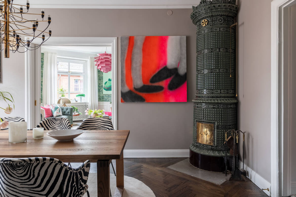 A Red Kitchen in a Grand Swedish Corner Apartment 6 green fireplace dining room