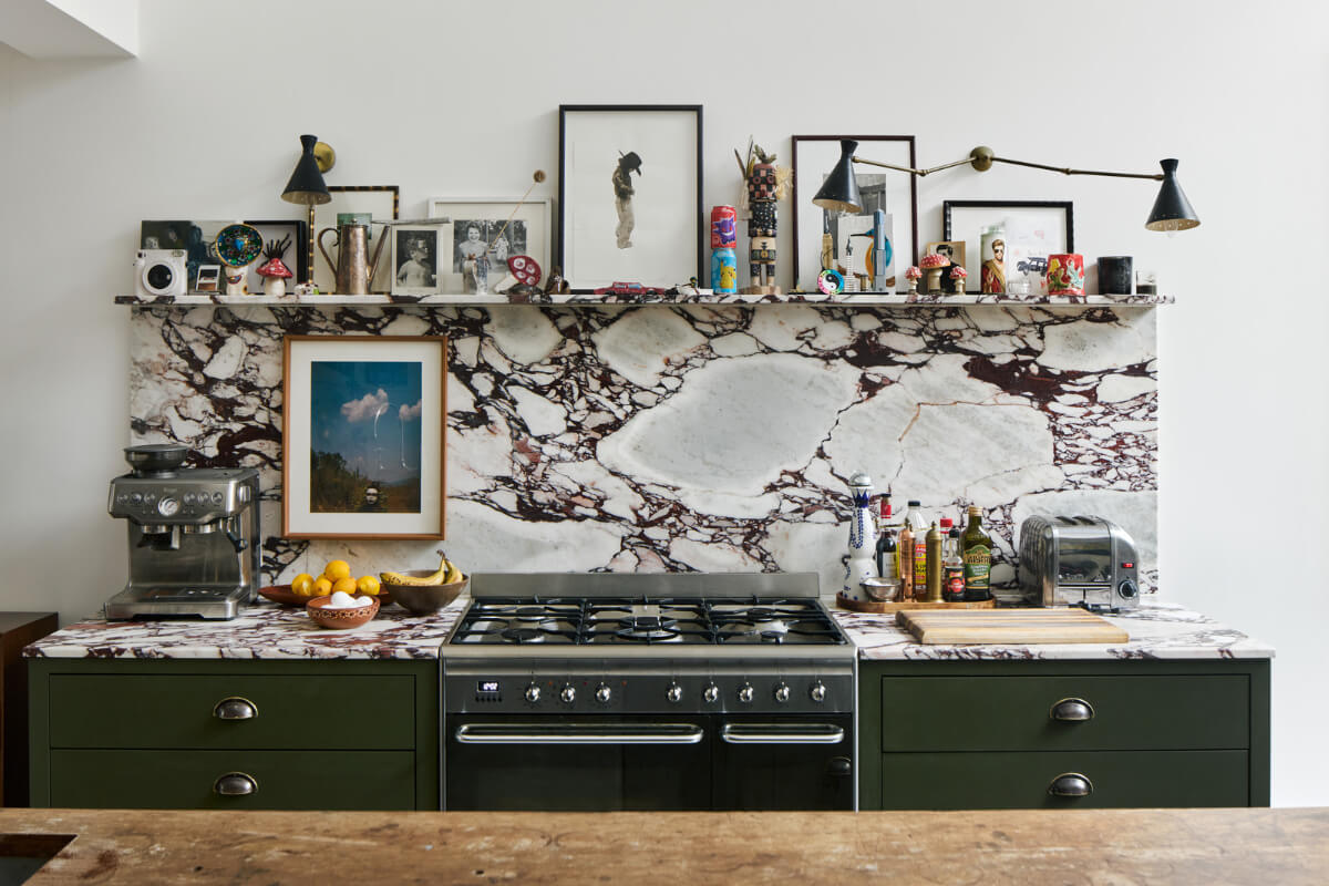 An Early Victorian House with a Unique Barrel-Vaulted Artist's Studio 3 green kitchen cabinets marble countertop backsplash