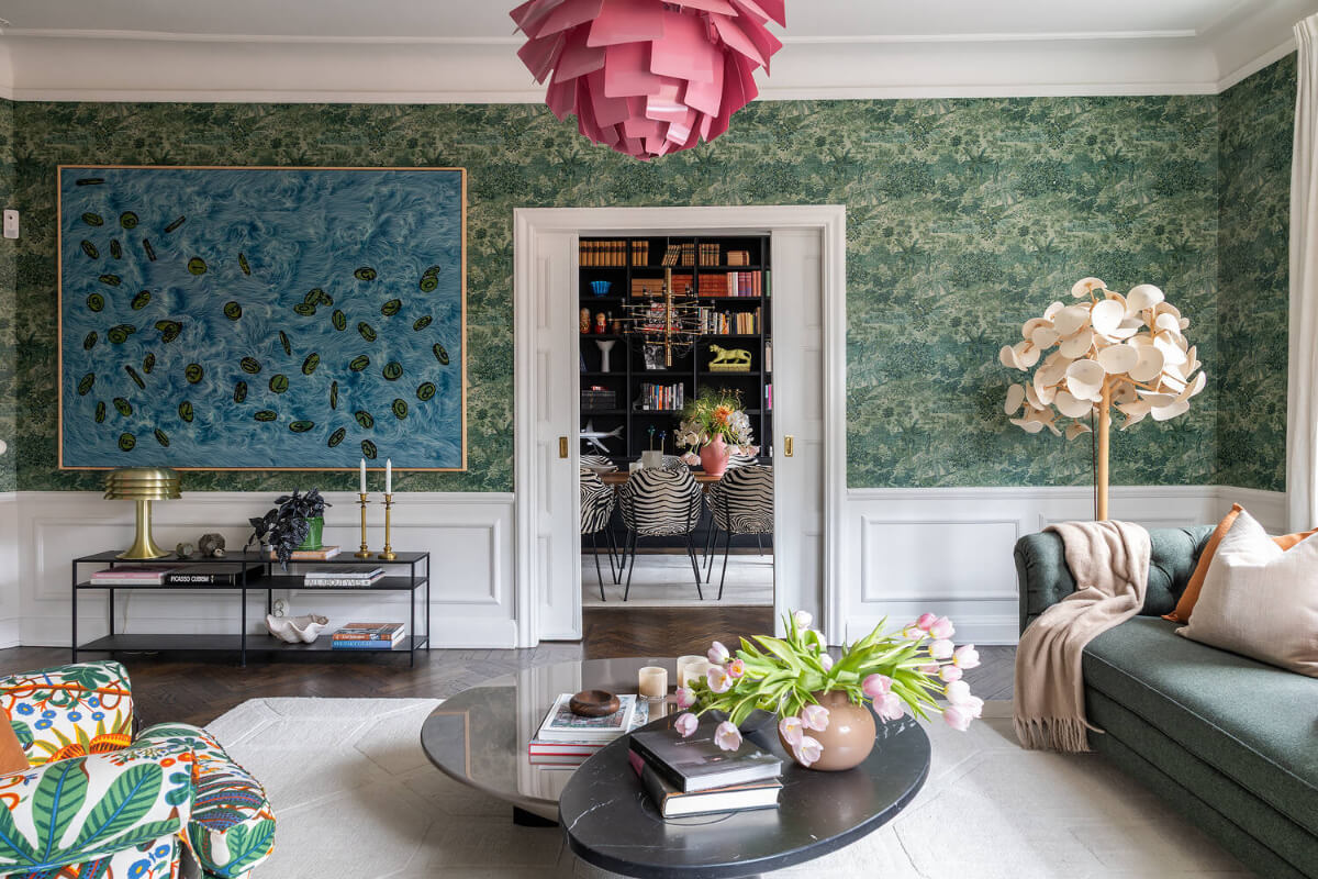 A Red Kitchen in a Grand Swedish Corner Apartment 1 green wallpaper living room sliding doors
