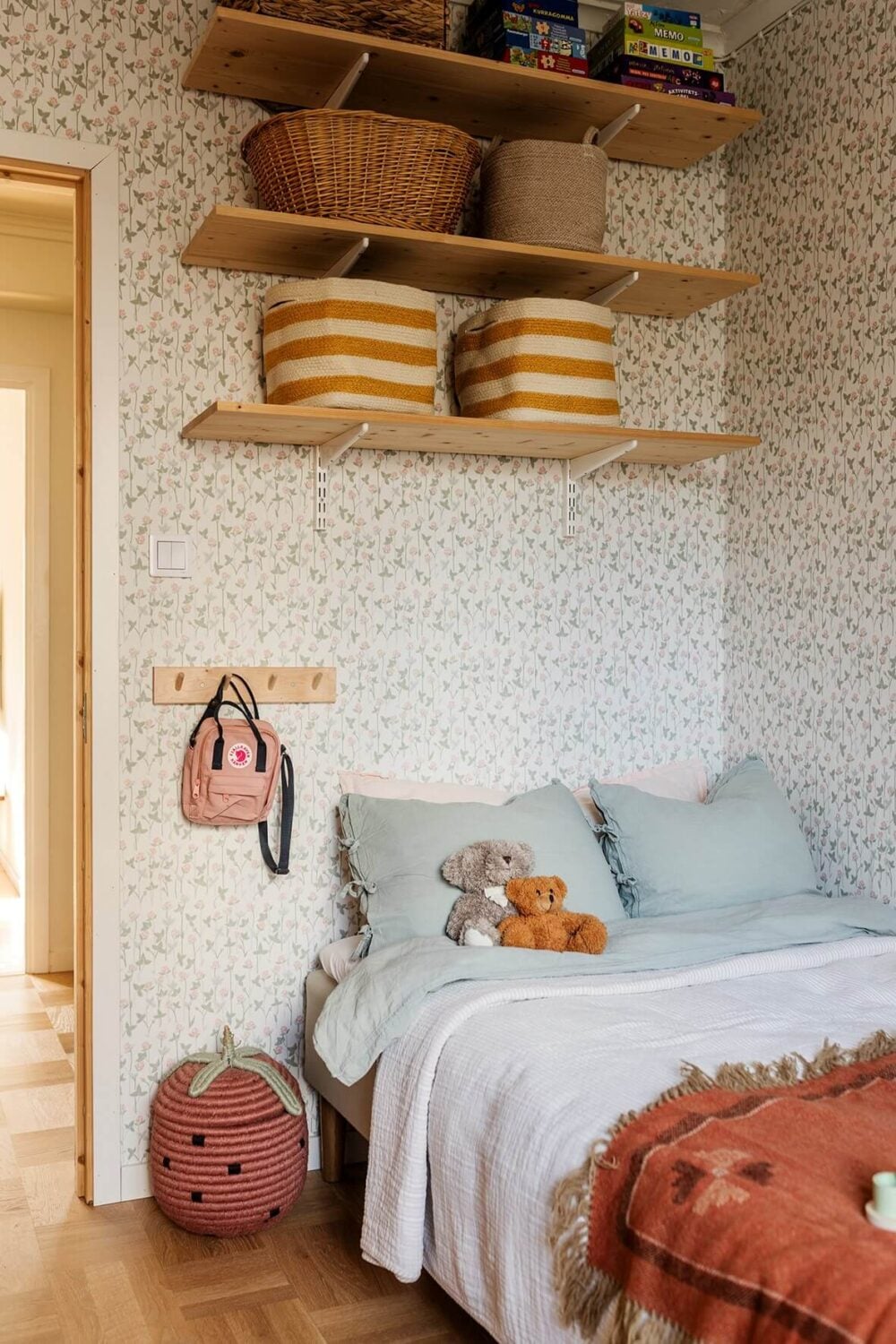 A Two-Bedroom Apartment with the Original Midcentury Kitchen 16 kids bedroom floral wallpaper