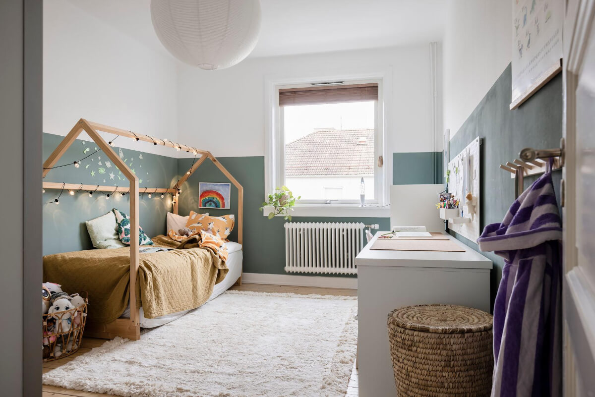 Timeless Charm and Contemporary Design in a 1930s Duplex Apartment 25 kids-bedroom-half-painted-green-walls