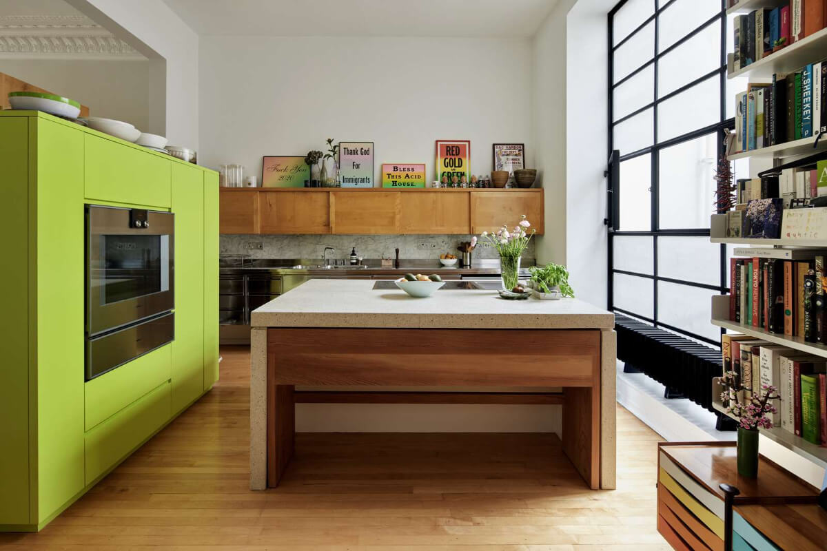 A Contemporary Architect-Designed Duplex Within a Grand Victorian Terrace 7 kitchen with island and lime green cabinet