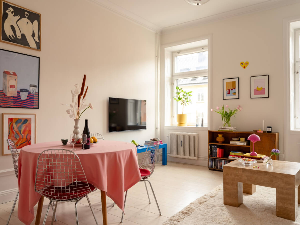Cheerful Color Accents in a One-Bedroom Stockholm Apartment 4 light living room colorful art and decor